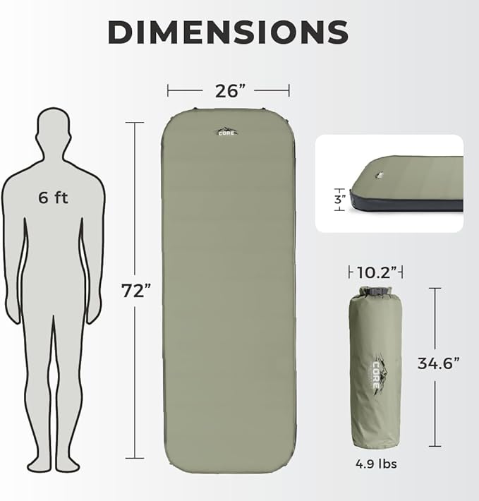 CORE Regular Self Inflating Camping Bed | Perfect Blow Up Mattress for Travel Car Camping & Outdoor Use | Air & Foam Filled Inflatable Sleeping Pad for Adults