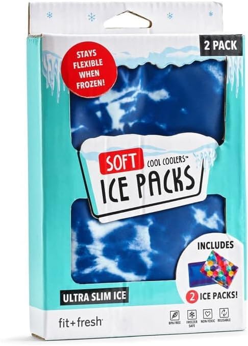 Cool Coolers by Fit & Fresh 2 Pack Soft Ice, Flexible Stretch Nylon Reusable Ice Packs for Lunch Boxes & Coolers, Blue Tye Dye