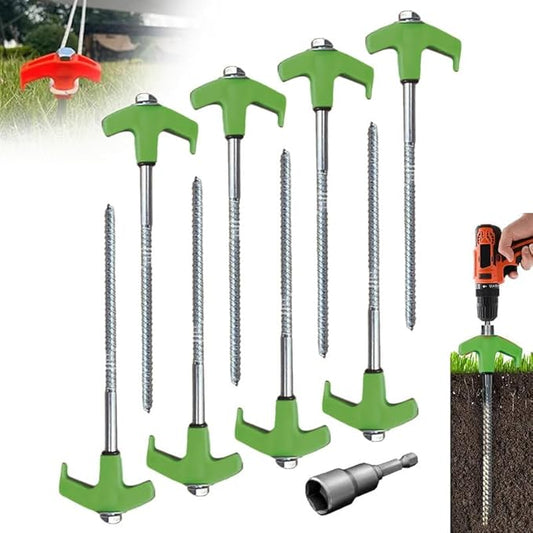 8" Screw in Tent Stakes - Ground Anchors Screw in, 2024 Upgraded Drillable Tent Stakes, Heavy Duty Metal Stake Ground Anchor Peg Threaded Tent Spikes with 1 Hex Head Driver