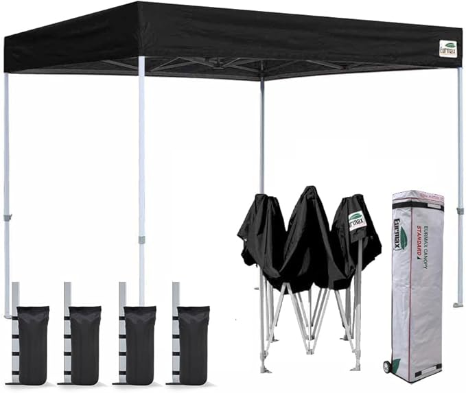 Eurmax USA 8'x8' Flat Top Pop Up Canopy Tent Commercial Instant Canopies with Heavy Duty Roller Bag,Bonus 4 Sand Weights Bags (Flat Black)