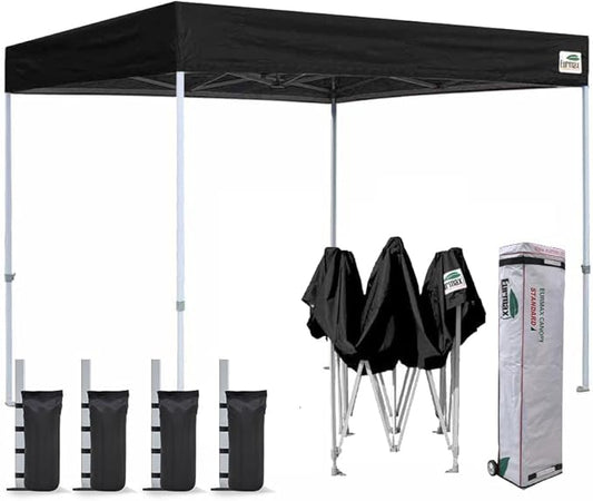 Eurmax USA 8'x8' Flat Top Pop Up Canopy Tent Commercial Instant Canopies with Heavy Duty Roller Bag,Bonus 4 Sand Weights Bags (Flat Black)