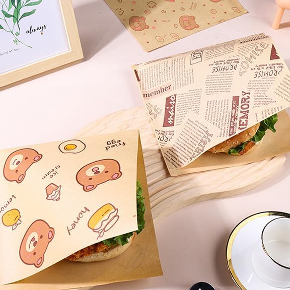Paper Hamburger Bags 7 × 7 "50pcs, Food-Grade Oil-Proof Triangular Snack And Pastry Bags, Recyclable Packaging, Doughnut Sandwich Bread Food Packaging (English Print)