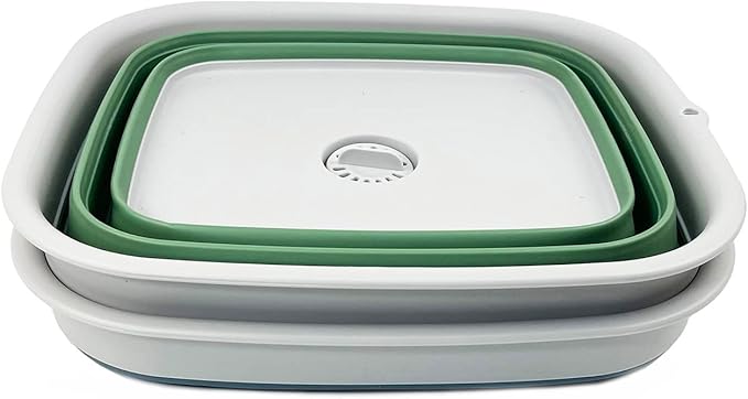 SAMMART 15L (3.9 Gallon) Collapsible Dishpan with Draining Plug-Foldable Washing Basin-Portable Dish Washing Tub - Camping & Space Saving Kitchen Storage Tray (Steel Blue + Dark Sea Green (Set of 2))