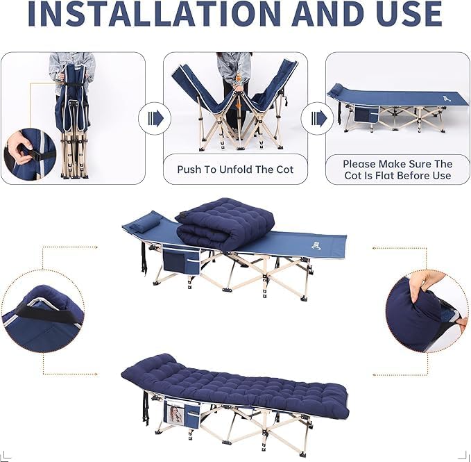 Nice C Heated Cot with Cushion, Heated Camping Cots, Folding Cots with Mattress for Adults, with Pillow, Carry Bag & Storage Pocket, Extra Wide Sturdy, Holds Up to 500 Lbs (2, Heated Mattress Navy)