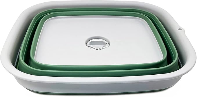 SAMMART 15L (3.9 Gallon) Collapsible Dishpan with Draining Plug - Foldable Washing Basin - Portable Dish Washing Tub - Camping & Space Saving Kitchen Storage Tray (Grey/Dark Sea Green)