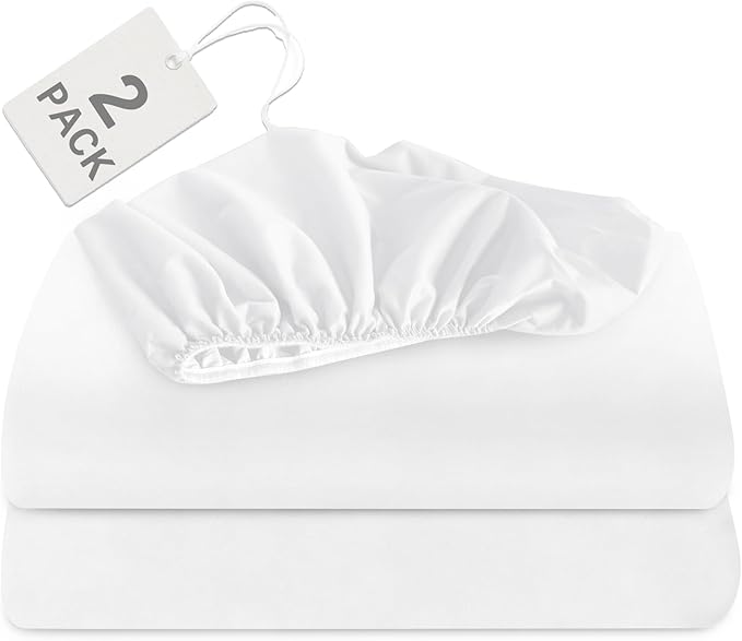 Biloban Twin Fitted Sheet 2 Pack, Twin Bedding Fitted Sheets Only with Deep Pocket up to 14", Bottom Sheet, Shrinkage & Stain Resistant Fitted Bed Sheets, Wrinkle Free & Easy Care, White