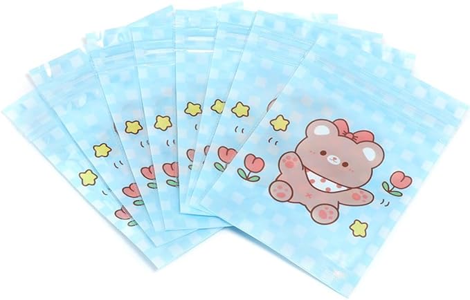 50 Pieces 7.5x11cm Small Cartoon Resealable Bags Cute PP Bag For Jewelry Packaging Bags Premium Adorable Anime Gift Bag (Blue bear)