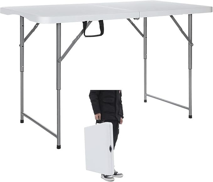 Folding Table 4-FootSmall White Plastic Utility Table Portable,Indoor and Outdoor Adjustable Height with HandleTable, Camping,Partyand Gathering