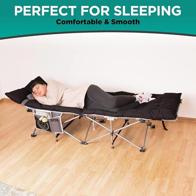 ZONETECH Folding Outdoor Camping Travel Cot and Cot Pad -Lightweight Portable Heavy Duty Adult & Kids Large Pocket and Cushion (Gray & Black, 2-Pack)