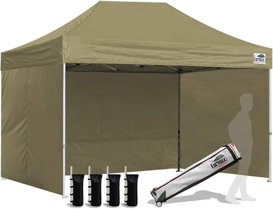 Eurmax USA 8'x12' Pop-up Canopy Tent Commercial Instant Canopies with 4 Removable Zipper End Side Walls and Roller Bag, Bonus 4 SandBags(Khaki)