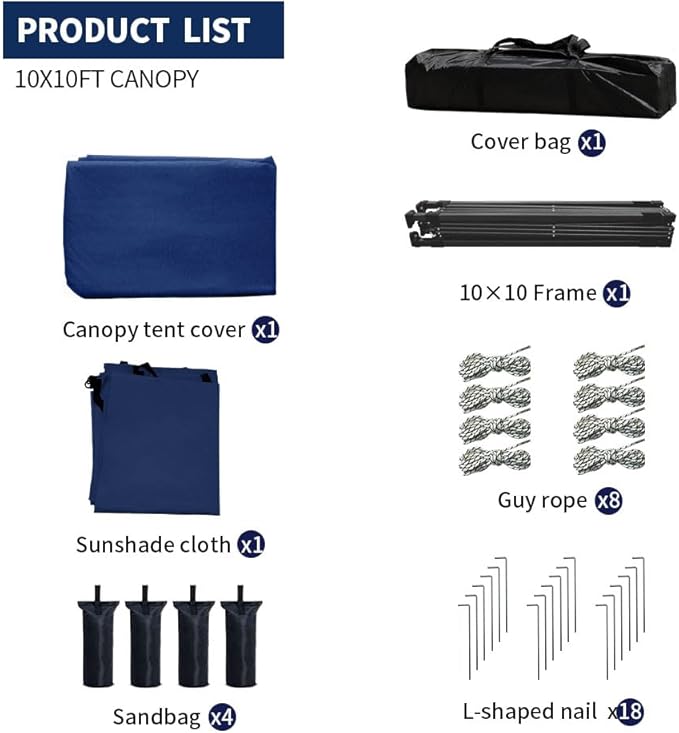 10x10 Pop Up Canopy Tent with 2 Sidewalls, Easy Up Canopy Outdoor Party Sun Shade Tent Portable Gazebo for Beach Camping Events with Carry Bag and 4 Sand Bags (Navy Blue)
