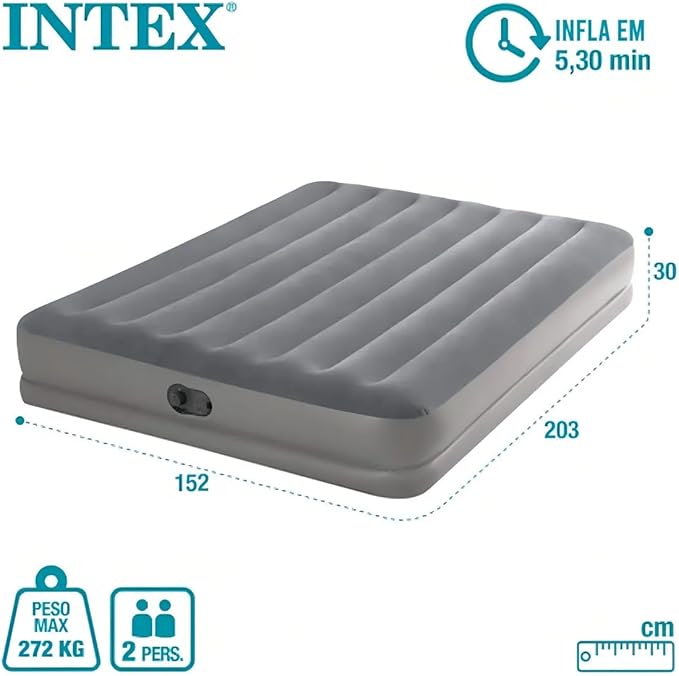 Intex 64114E Dura-Beam Standard Prestige Air Mattress: Fiber-Tech – Queen Size – Built-in USB Electric Pump – 12in Bed Height – 600lb Weight Capacity
