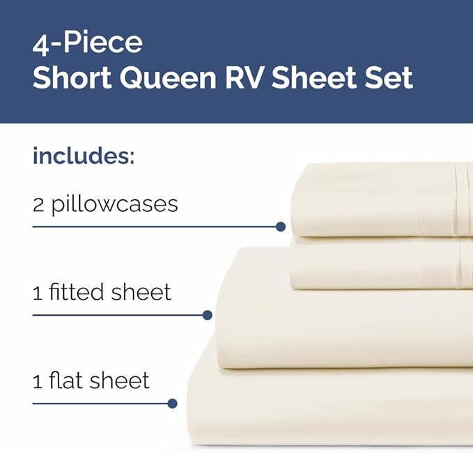 Short Queen Size 4 Piece Sheet Set - RV Short Queen, Soft, Breathable & Cooling Bed Sheets Set w/ Deep Pockets - Hotel Luxury Bedding for Women, Men, Kids, Teens, Boys & Girls - Oeko-Tex - Off White