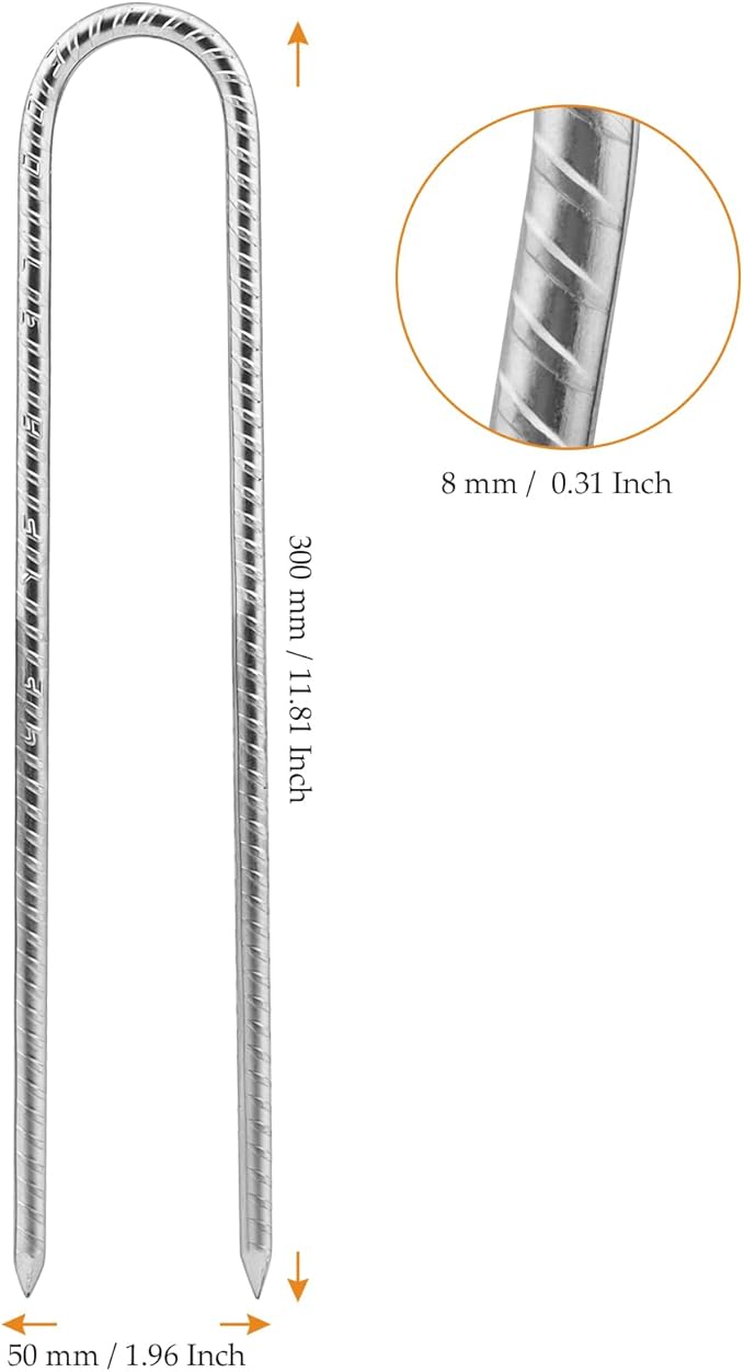 12 Pack 12 Inch U Shaped Rebar Stakes, Silver U Rebar Hook Ground Pegs, Trampoline Wind Anchors Stakes for Camping Tents