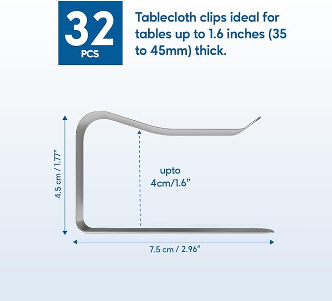 32 Pcs Picnic Tablecloth Clips for Outdoor Tables - Stainless Steel Table Cloth Clip, Fits for 1.5” Thick Tables, Metal Clamps for Picnic Table Clips, Dining Table Cloth Holder