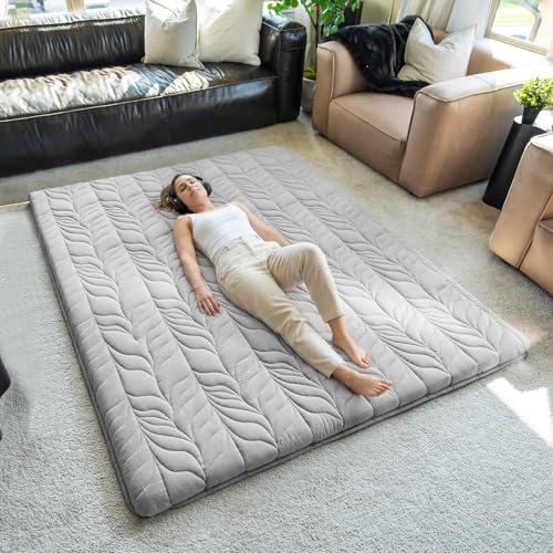 ZonLi Japanese Floor Mattress Futon Mattress Queen Size, Thicken Roll Up Tatami Mat 100% Cotton Washable Cover, Portable & Foldable Floor Bed Mattress for Sleeping, Dormitory, Adult Kids, Grey