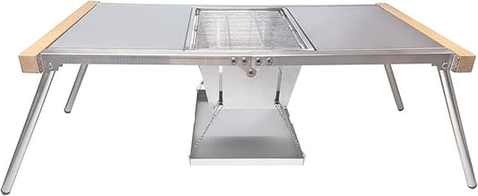YBTMG 2-in-1 Folding IGT Camping Table with Charcoal Grill, 31.7x17.3" Stainless Steel Multifunctional BBQ Grill Desk for Garden Backyard Party Picnic Travel