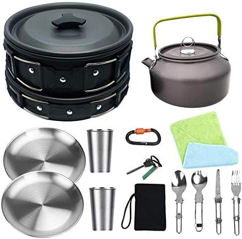 Bisgear Camping Cookware Kettle Mess Kit - Camping Cooking Set Stainless Steel 18/8 Plates Cups with Lids &Sleeves Cutlery - Camping Pots and Pans Set - Backpacking Gear Camp Accessories Equipment