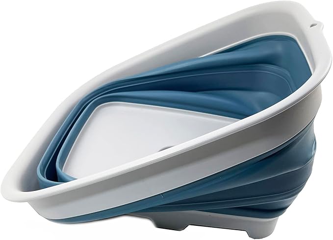 SAMMART 15L (3.9 Gallon) Collapsible Dishpan with Draining Plug - Foldable Washing Basin - Portable Dish Washing Tub - Camping & Space Saving Kitchen Storage Tray (Grey/Steel Blue)