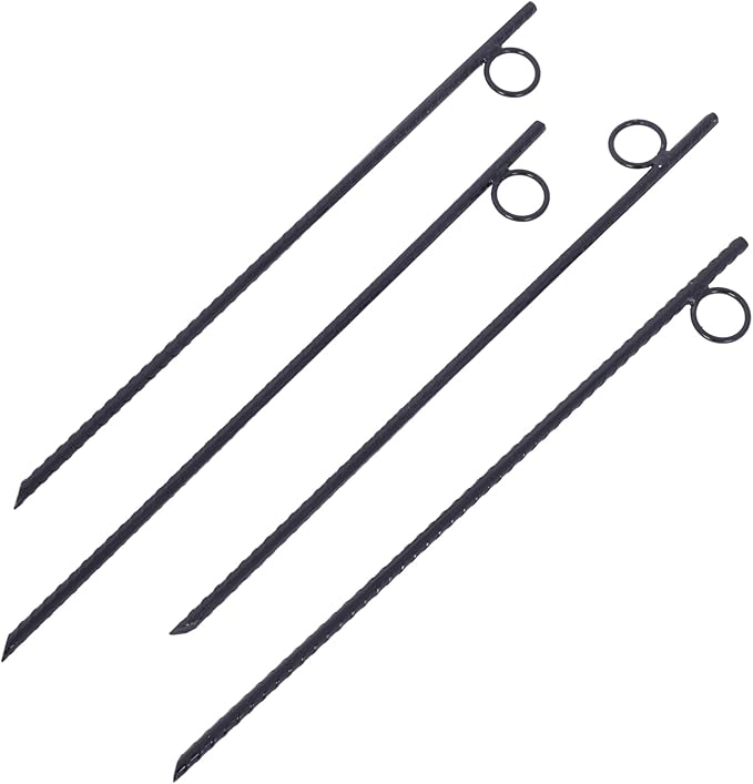 4 Pack Rebar Stakes 3/8" x 18" Heavy Duty Steel Ground Anchors with 1" Loop & Angled End for Canopy, Camping, Tent, Tarps, Garden & Yard, Black