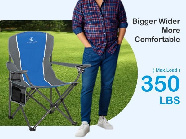 LET'S CAMP Oversized Outdoor Folding Camping Chair, 2 Pack Heavy Duty Arm Chairs with Cup Holder and Storage Bag, 350 LBS Weight Capacity, Blue