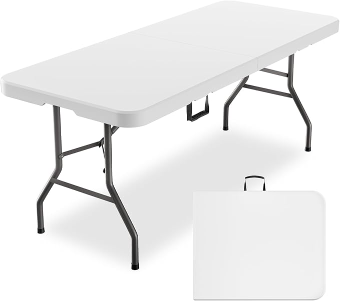 MEI&CO 6ft Heavy Duty Outdoor Folding Table for 6 - Sturdy HDPE Top, 350lbs Capacity, Foldable Lockable Design, No Assembly - Camping Parties Picnics (White)