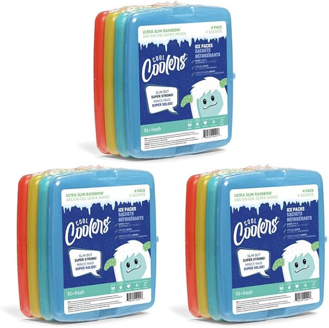 Cool Coolers by Fit & Fresh Slim Ice Packs, Quick Freeze, Space-Saving, Reusable Ice Packs for Lunch Boxes & Coolers