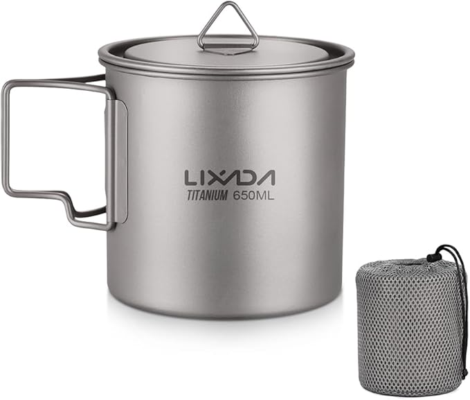Lixada Titanium Pot, Lightweight Camping Pot Titanium Cup Titanium Backpacking Pot with Portable Foldable Handles for Outdoor Camping Hiking Backpacking