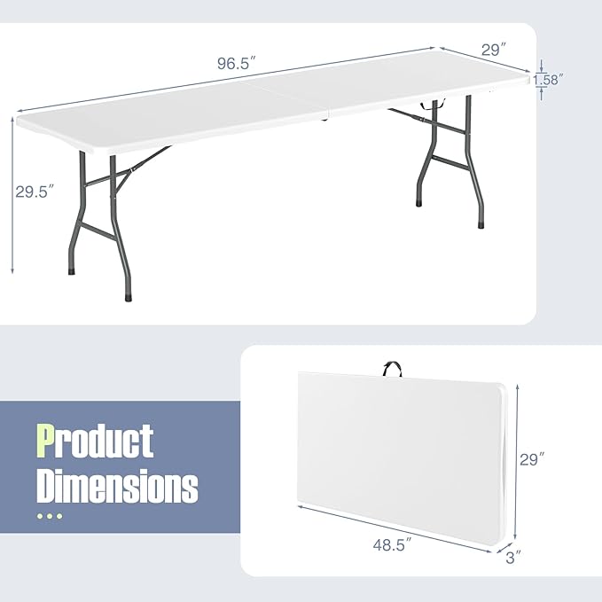 Goplus 8ft Plastic Folding Table, 350 LBS Outdoor Heavy Duty Folding Tables with HDPE Tabletop, Handle, Lock, Foldable Rectangle Portable Utility Card Table for Picnic, Party, Camping, Dining
