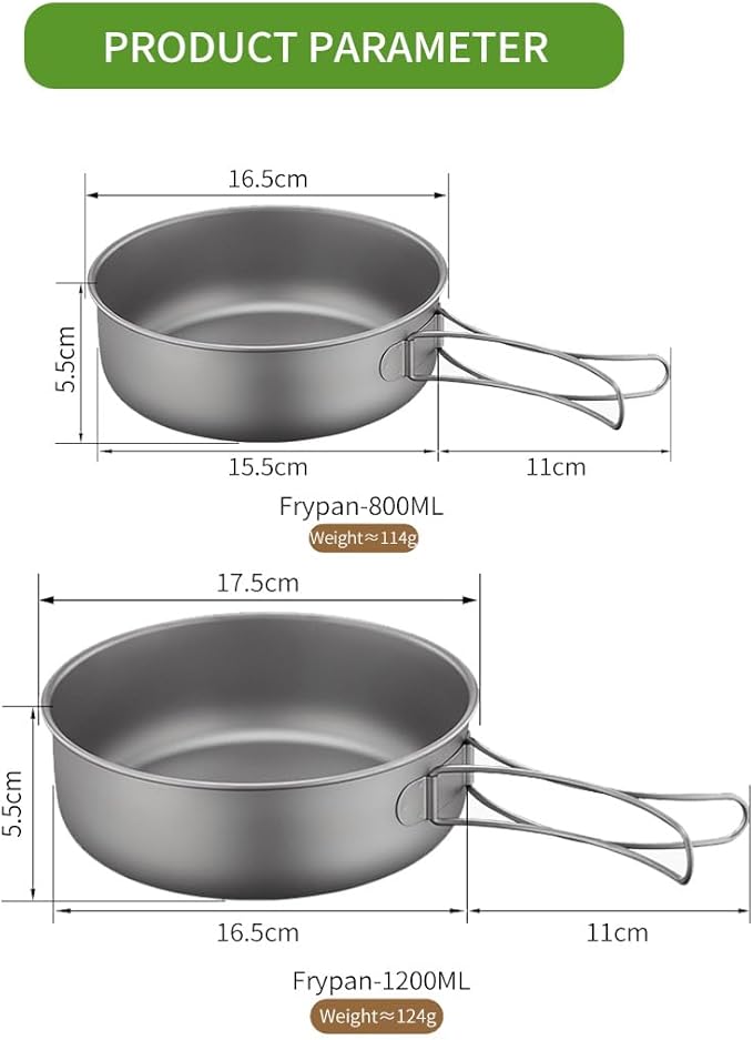 BY-J 2 Piece-Set, Outdoor Titanium Frying Pan with Folding Handle Camping Hanging Cookware Hiking Picnic Ultralight Tableware