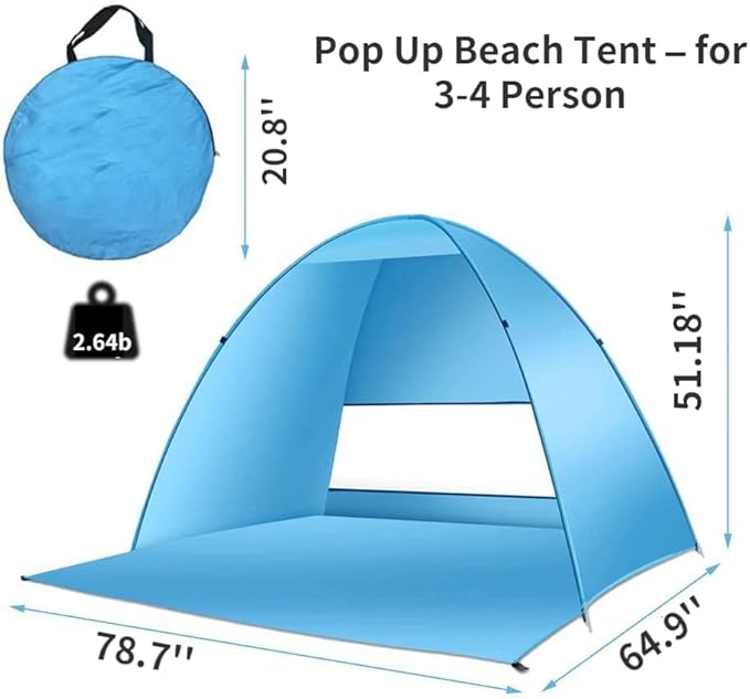 Pop Up Beach Tent – for 3-4 Person UPF 50+ UV Sun Protection Beach Shade Pop Up Sun Shelter with Carry Bag and Tent Stakes for Beach, Park, Camping (X-Large)