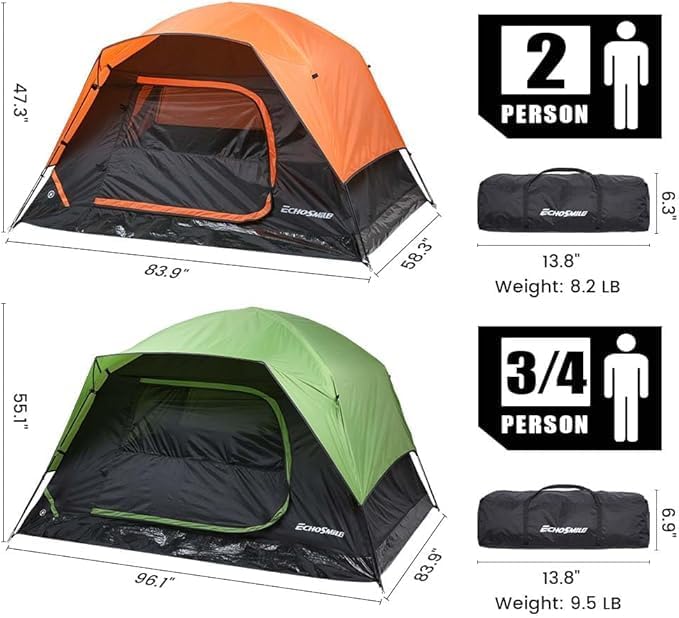2/3/4 Person Camping Tent Waterproof Windproof Double Layer with Rainfly Easy Setup Lightweight for Backpacking Hiking Family Outdoor Black+Orange
