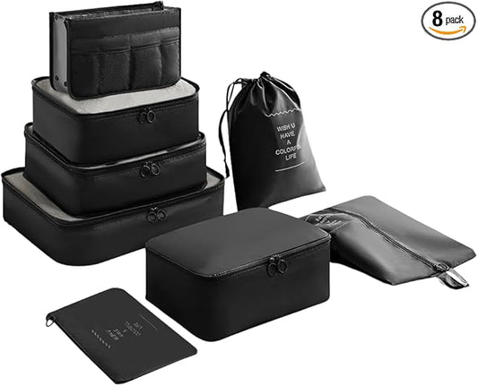 Packing Cubes for Travel - 8 PCS Compression Packing Organizers Set, Water-Resistant Luggage Organizers with Laundry Bag for Suitcase, Travel Bags Organizer for Efficient Packing (Black)