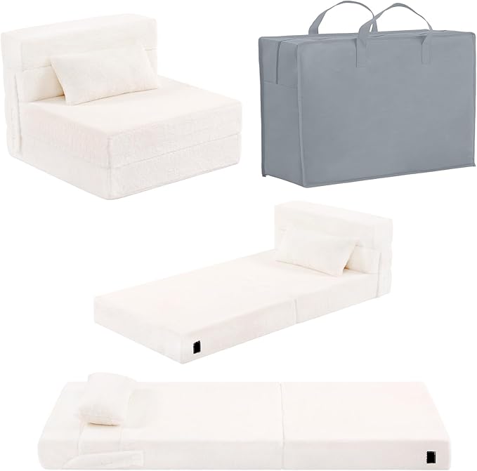 Folding Sofa Bed Beige Floor Mattress for Kids with Pillow, Toddler Washable Folded Floor Mat for Daycare, Child Fold Up Sofa Chair Bed with Storage Bag for Playroom, Camping, Girls and Boys