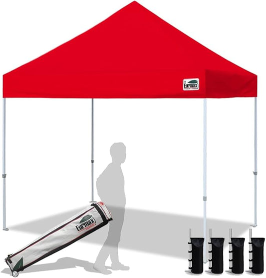 Eurmax USA 8'x8' Pop Up Canopy Tent Commercial Instant Canopies with Heavy Duty Roller Bag,Bonus 4 Sand Weights Bags (Red)