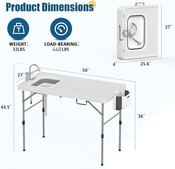 PeakPursuit Fold in Half Folding Fish Cleaning Table with Foldable Sink, Protable Camping Sink Table with Drainage Hose, Fish Fillet Cutting Desk for Outdoor Picnic Patio Backyard BBQ