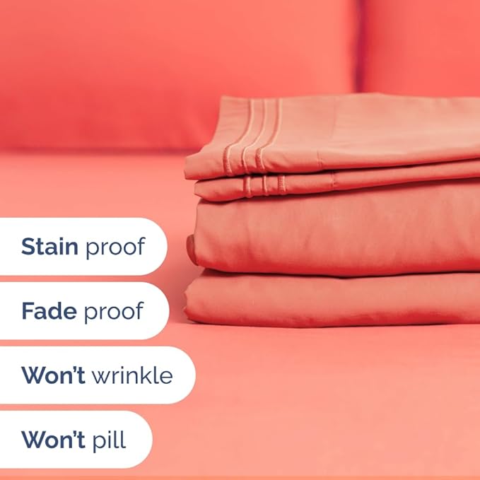 Full XL Bed Sheet - 4 Piece Full XL Bed Sheets Set - Soft, Breathable & Cooling - Hotel Luxury Bedding for Women, Men, Kids, Teens, Boys & Girls - Deep Pockets, Comfy, Fade and Wrinkle Free - Coral