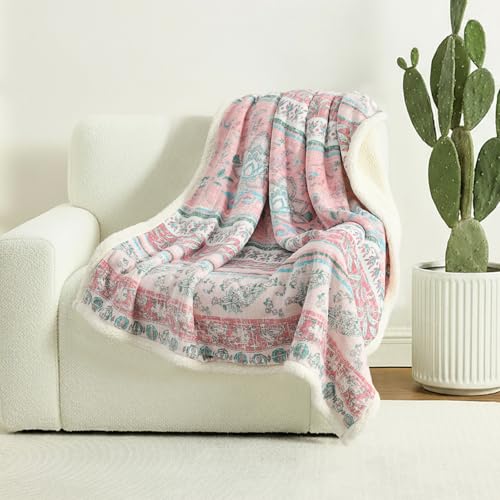 Boho Chic Sherpa Fleece Throw Blanket with Ultra-Soft Cozy Lining,Bohemian Patterned Throws for Sofa,Couch,Bed - color: Boho-pastel Pink, size: 60" x 80"