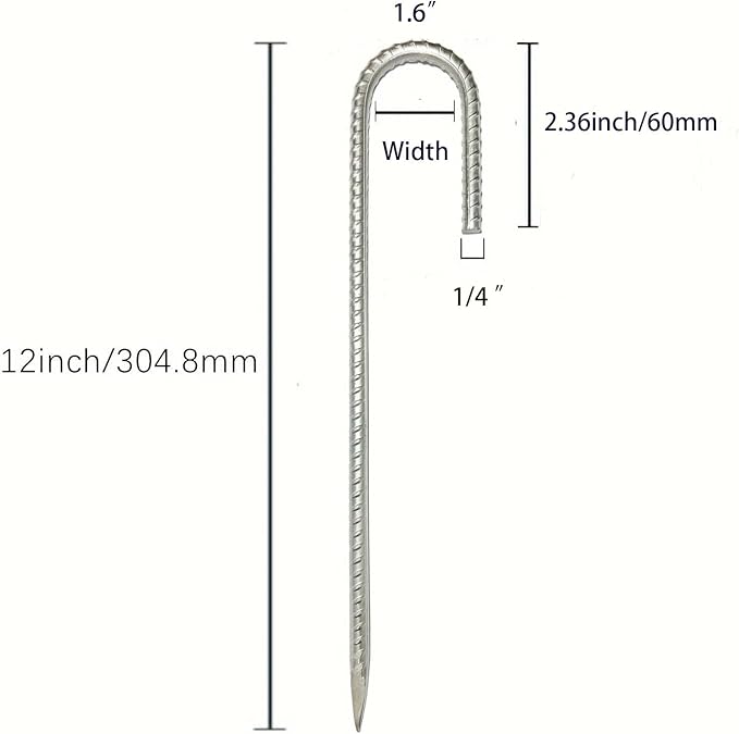 RM1009 12 inch J Shaped 10-Pack Fence Stakes Heavy Duty Rebar Ground Stakes Anchor Tent Metal Stakes for Outdoor Canopy Decorations Inflatables (J-Shape-Silvery, J-12 * 1/4"-4PACK)
