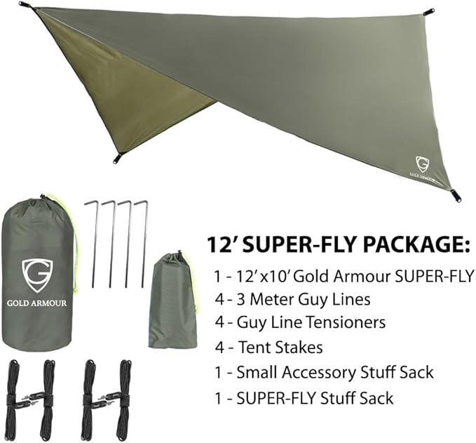 Gold Armour Rainfly Tarp for Hammock and Tent, 12x10ft Waterproof Lightweight Camping Accessories, Survival Gear