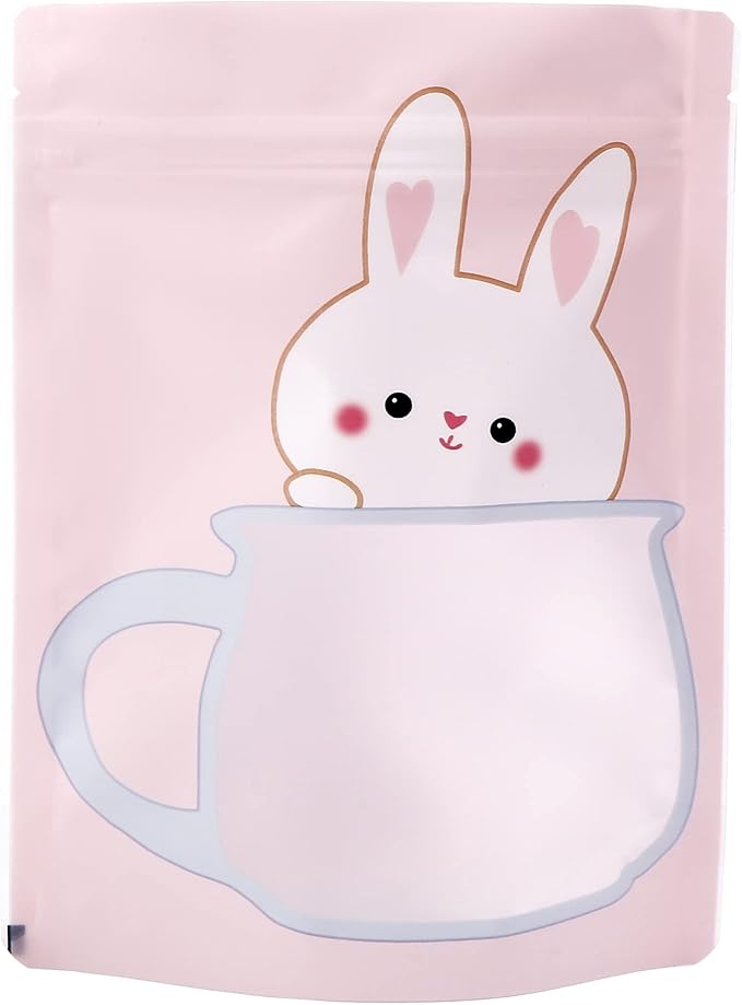 QQ Studio 100 Animal Designed Snack Bags, Plastic Bakery Bags, Cute Favor Bags for Snacks, Pastel Cookie Bags with Window, Zipper Seal Treat Storage Bags (6.25 Inch x 9 Inch, Pink Bunny)