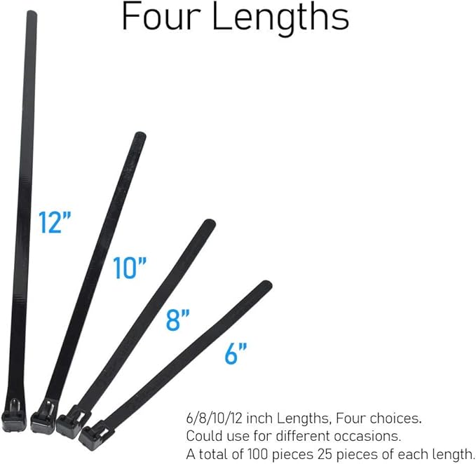 Reusable Zip Ties, 100 Pcs Assorted Fastening Cable Zip Ties 6" 8" 10" 12" Four Length Heavy Duty Nylon Self Locking Wire Ties