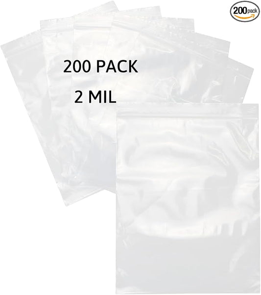 24/7 Bags - 12” X 15” (200 Count)2 Mil Clear Reclosable Zip Plastic Poly Bags with Resealable Lock Zipper Food Grade