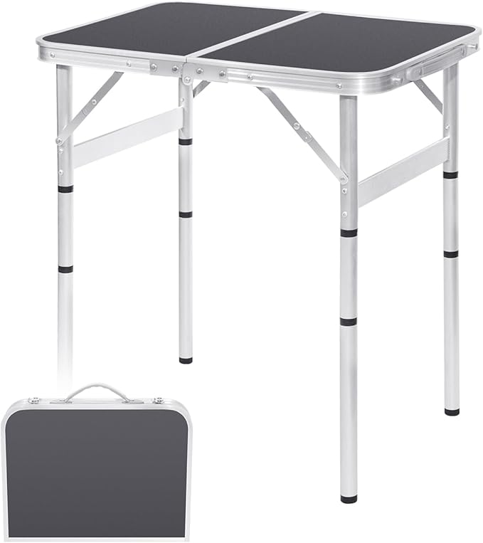 Camping Table 4 Height Adjustable Small Folding Table 2FT Foldable Portable Picnic Table Metal Aluminum Outdoor for Beach BBQ RV Black 23.6×15.7 inch