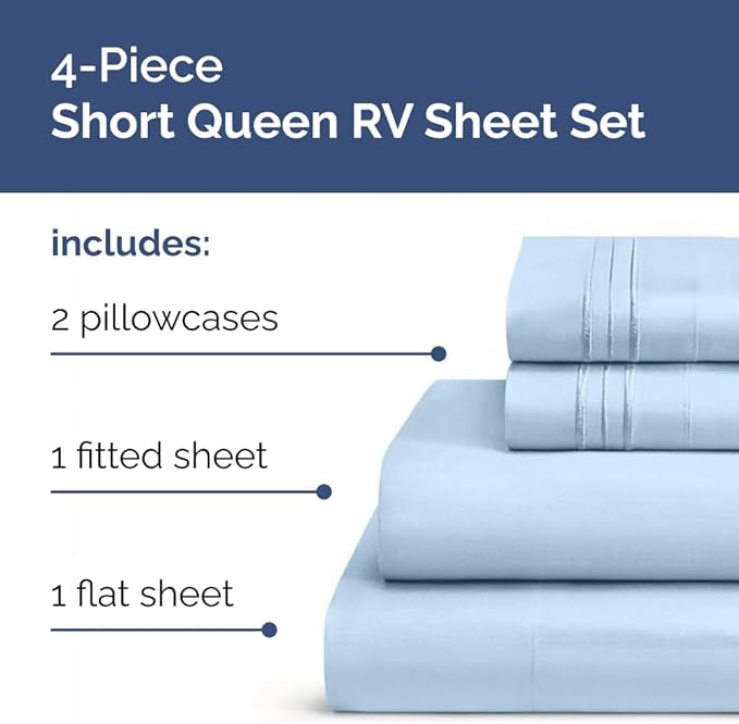 Short Queen Size 4 Piece Sheet Set - RV Short Queen, Soft, Breathable & Cooling Bed Sheets Set w/ Deep Pockets - Hotel Luxury Bedding for Women, Men, Kids, Teens, Boys & Girls - Oeko-Tex - Light Blue