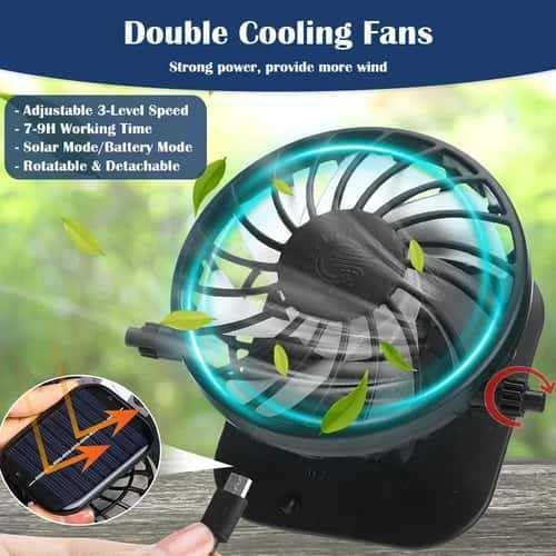 Solar Fan Hat,2025 Wide Brim Sun Cap with 2 Solar Sun Protection Fans,Waterproof UPF 50+ Bucket Fishing Hat with Fan Built in Black