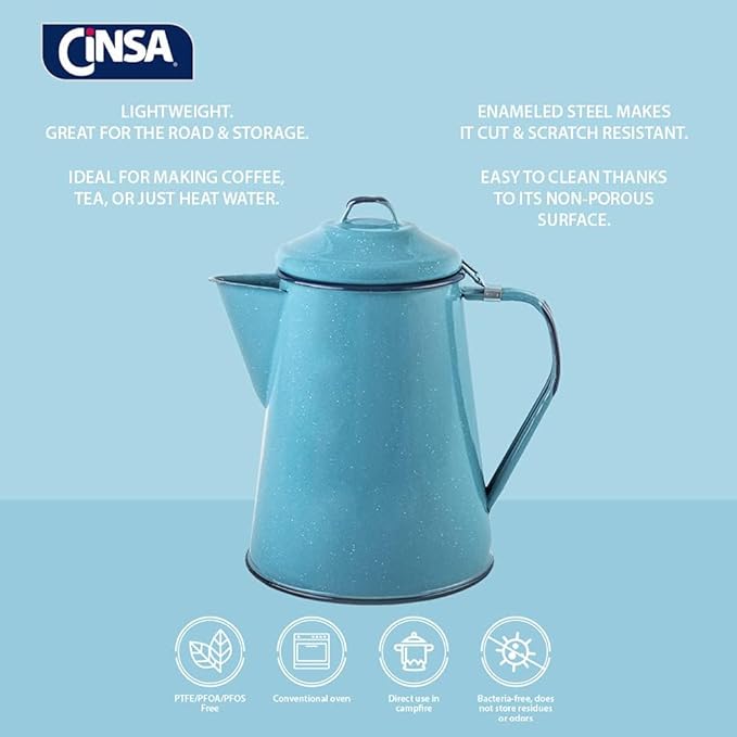Cinsa Enamelware Coffee Pot (Turquoise Color) - 8 Cups - Camping Essentials - Hot Water for Coffee and Tea - Light and Resistant