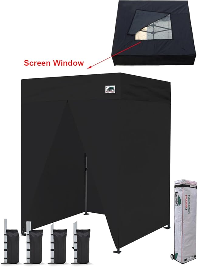 Eurmax USA 5'x5' Flat Top Pop-up Canopy Portable Photo Booth Tent for Events Wedding Photobooth for Professional Photos Photo Studio with Roller Bag，Bonus 4 SandBags (Black with Screen Window)