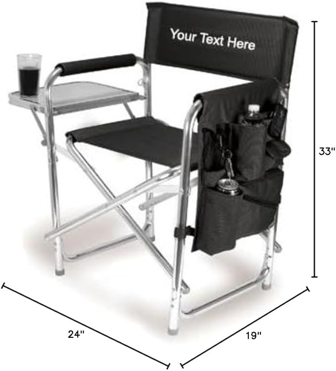 Personalized Embroidered Sports Director Chair with Side Table and Storage Pockets by Picnic Time - Black