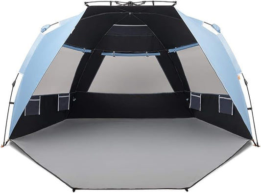 Easthills Outdoors Instant Shader Dark Shelter XL Beach Tent 99" Wide for 4-6 Person Sun Shelter UPF 50+ with Extended Zippered Porch Sky Blue